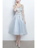 Floral Champagne Tulle Party Dress With Sheer Sleeves