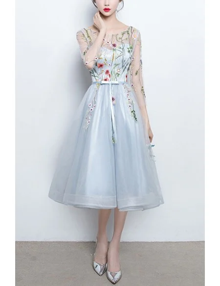 Floral Champagne Tulle Party Dress With Sheer Sleeves