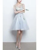 Floral Champagne Tulle Party Dress With Sheer Sleeves
