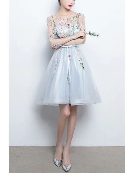 Floral Champagne Tulle Party Dress With Sheer Sleeves