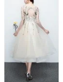 Floral Champagne Tulle Party Dress With Sheer Sleeves
