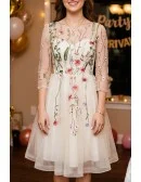Floral Champagne Tulle Party Dress With Sheer Sleeves