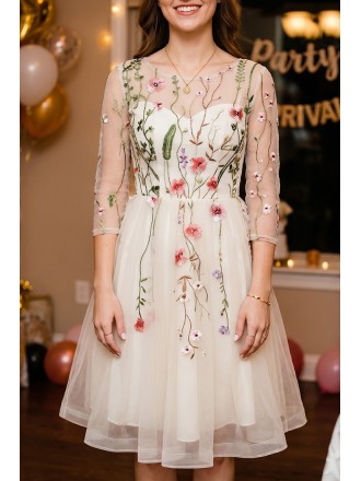 Floral Champagne Tulle Party Dress With Sheer Sleeves