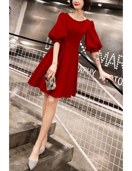 Simple Aline Short Semi Formal Dress With Lantern Sleeves