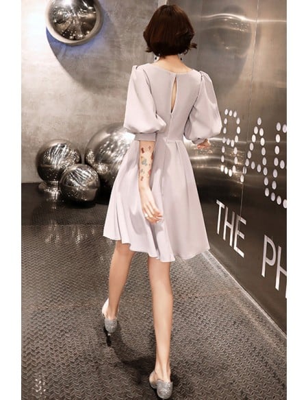 Simple Aline Short Semi Formal Dress With Lantern Sleeves