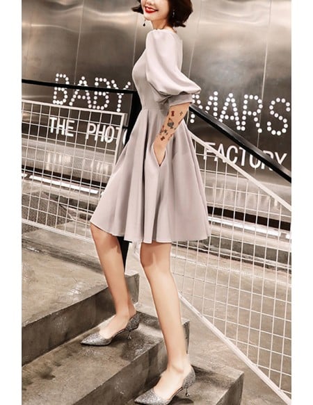 Simple Aline Short Semi Formal Dress With Lantern Sleeves
