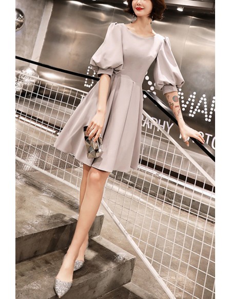 Simple Aline Short Semi Formal Dress With Lantern Sleeves
