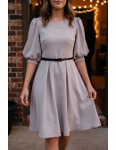 Simple Aline Short Semi Formal Dress With Lantern Sleeves