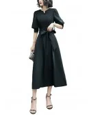 Retro Chic Black Midi Party Dress With Lantern Sleeves