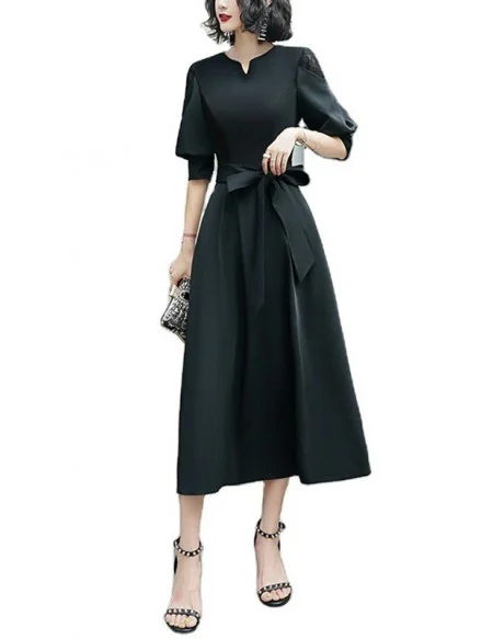 Retro Chic Black Midi Party Dress With Lantern Sleeves