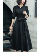 Retro Chic Black Midi Party Dress With Lantern Sleeves
