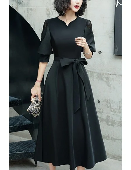 Retro Chic Black Midi Party Dress With Lantern Sleeves