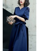 Retro Chic Black Midi Party Dress With Lantern Sleeves