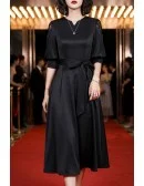 Retro Chic Black Midi Party Dress With Lantern Sleeves
