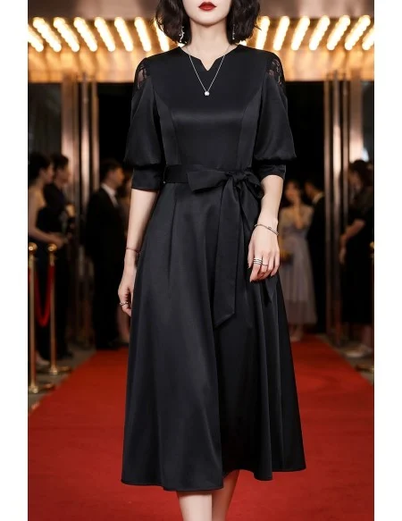 Retro Chic Black Midi Party Dress With Lantern Sleeves