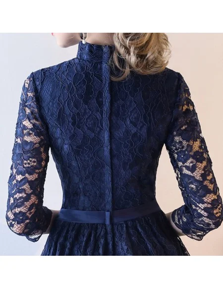 Navy Blue Lace Short Homecoming Dress With 3/4 Sleeves