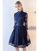 Navy Blue Lace Short Homecoming Dress With 3/4 Sleeves