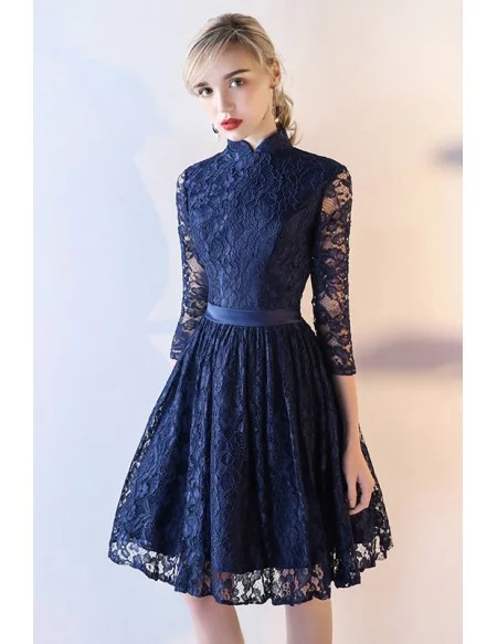 Navy Blue Lace Short Homecoming Dress With 3/4 Sleeves