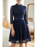 Navy Blue Lace Short Homecoming Dress With 3/4 Sleeves