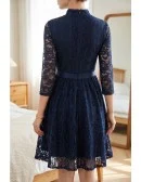 Navy Blue Lace Short Homecoming Dress With 3/4 Sleeves