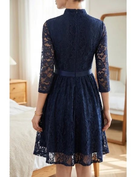 Navy Blue Lace Short Homecoming Dress With 3/4 Sleeves