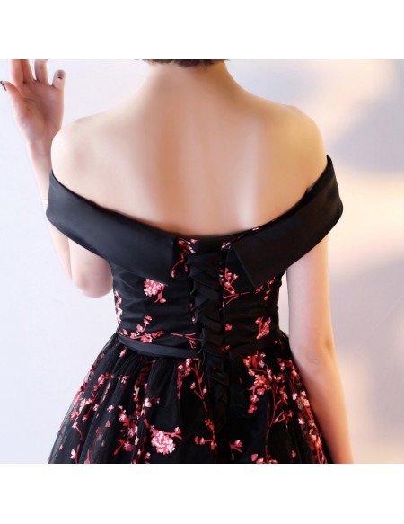 Black And Red Floral Prints Hoco Dress Off Shoulder