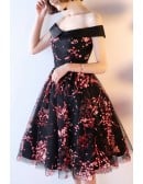 Black And Red Floral Prints Hoco Dress Off Shoulder