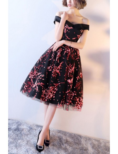 Black And Red Floral Prints Hoco Dress Off Shoulder