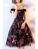 Black And Red Floral Prints Hoco Dress Off Shoulder