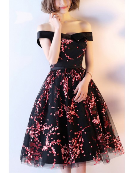 Black And Red Floral Prints Hoco Dress Off Shoulder