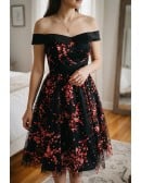 Black And Red Floral Prints Hoco Dress Off Shoulder