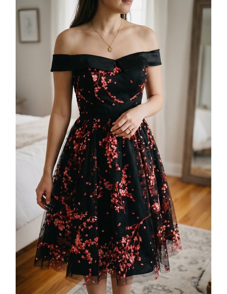 Black And Red Floral Prints Hoco Dress Off Shoulder