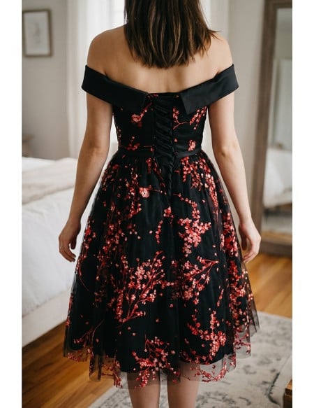 Black And Red Floral Prints Hoco Dress Off Shoulder