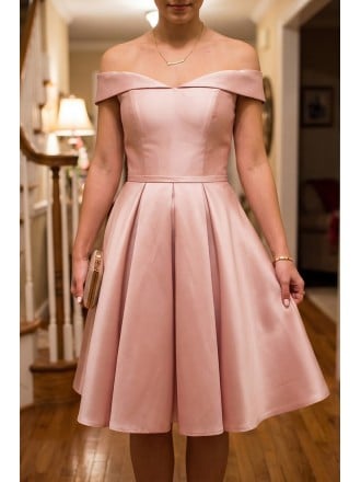 Popular Pink Pleated Satin Homecoming Dress With Off Shoulder