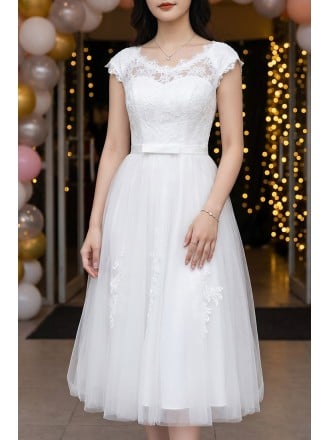 White Lace Cheap Homecoming Dress Tea Length With Lace Cap Sleeves