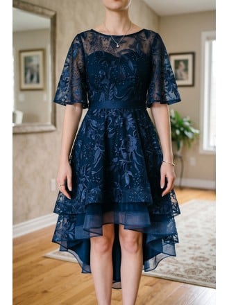 Trendy Navy Blue Puffy High Low Homecoming Dress With Sleeves