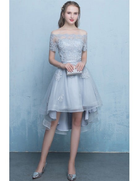 Cute Off Shoulder Cheap Homecoming Dress With Appliques Sleeves