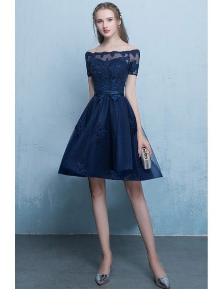 Cute Off Shoulder Cheap Homecoming Dress With Appliques Sleeves