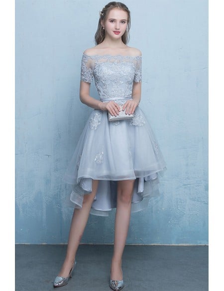 Cute Off Shoulder Cheap Homecoming Dress With Appliques Sleeves