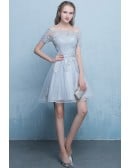 Cute Off Shoulder Cheap Homecoming Dress With Appliques Sleeves