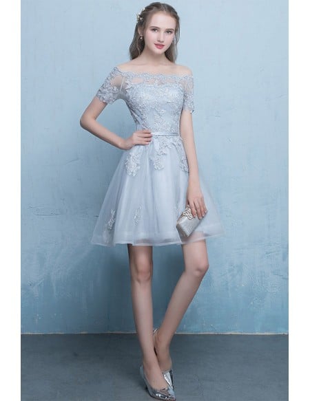 Cute Off Shoulder Cheap Homecoming Dress With Appliques Sleeves