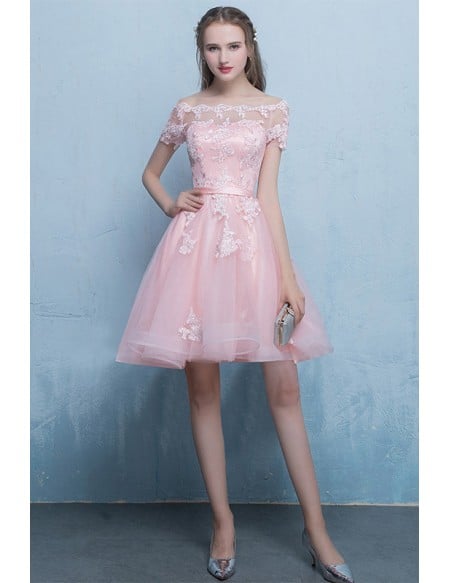 Cute Off Shoulder Cheap Homecoming Dress With Appliques Sleeves