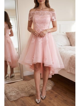 Cute Off Shoulder Cheap Homecoming Dress With Appliques Sleeves