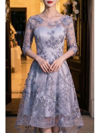 Modest Grey High Low Homecoming Party Dress With Appliques Half Sleeves