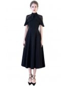 Slim Aline Black Tea Length Party Dress With Sheer Lace Shoulder