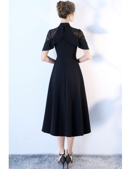Slim Aline Black Tea Length Party Dress With Sheer Lace Shoulder