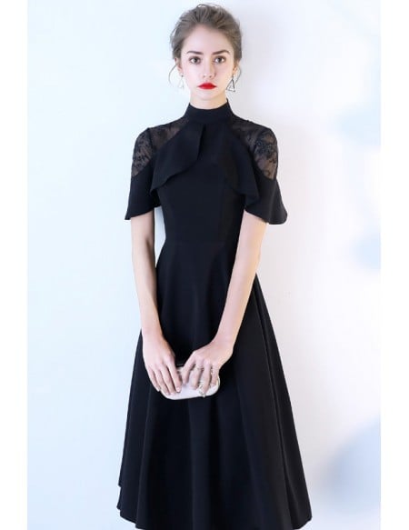 Slim Aline Black Tea Length Party Dress With Sheer Lace Shoulder