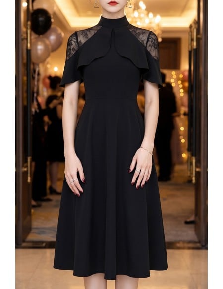 Slim Aline Black Tea Length Party Dress With Sheer Lace Shoulder