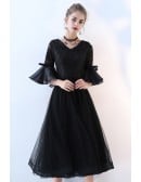 Black Tea Length Retro Homecoming Dress Lace With Flare Sleeves