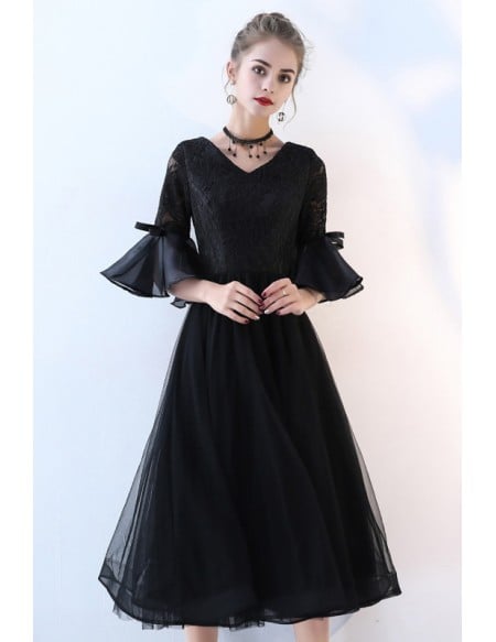 Black Tea Length Retro Homecoming Dress Lace With Flare Sleeves